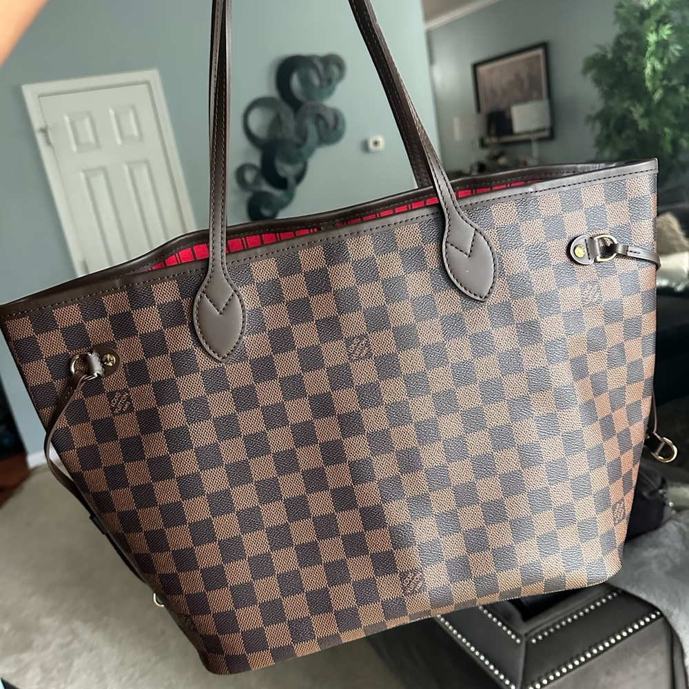 Louis Vuitton Brown Checkered Tote with Red Interior